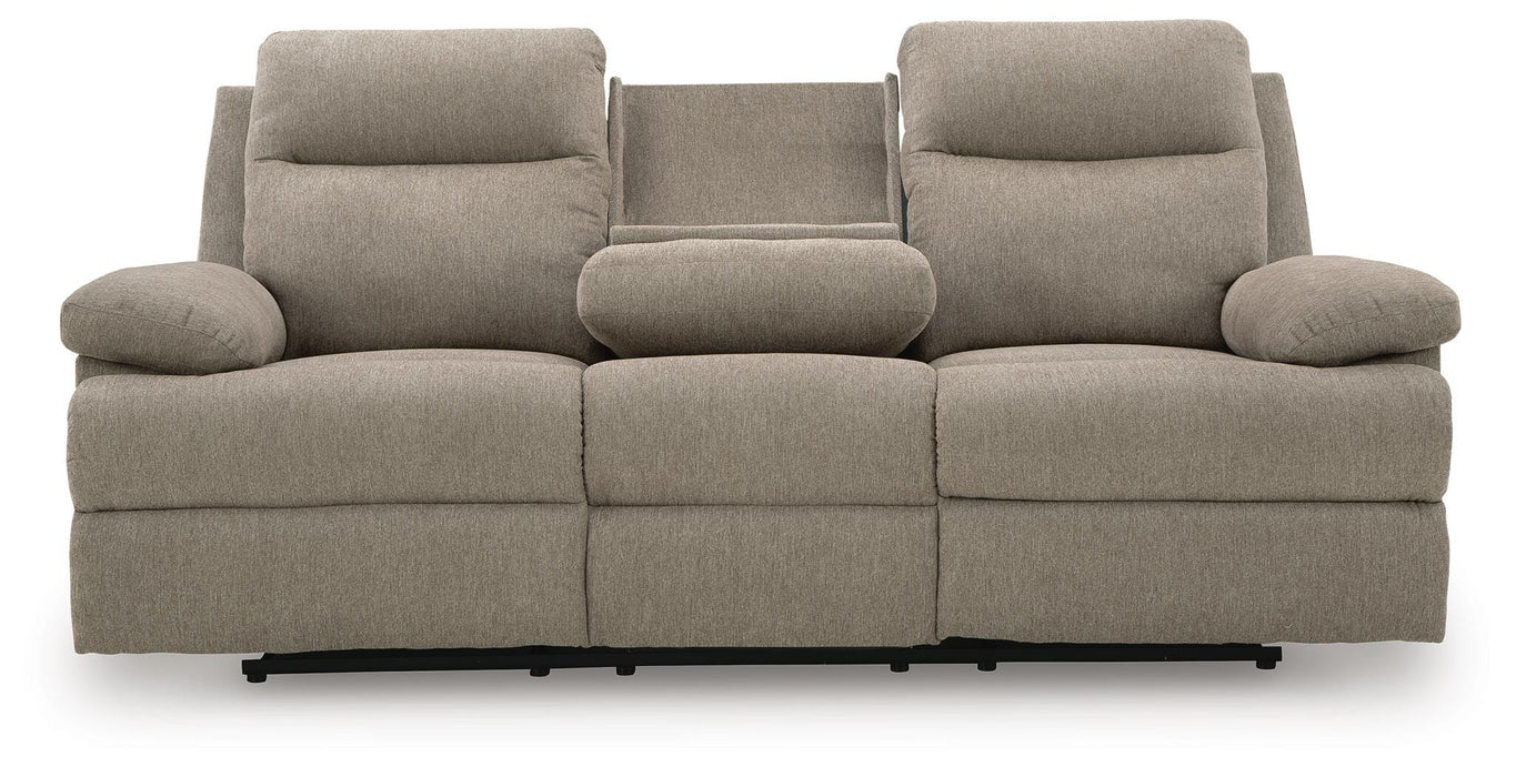 Side-Swipe Reclining Sofa with Drop Down Table