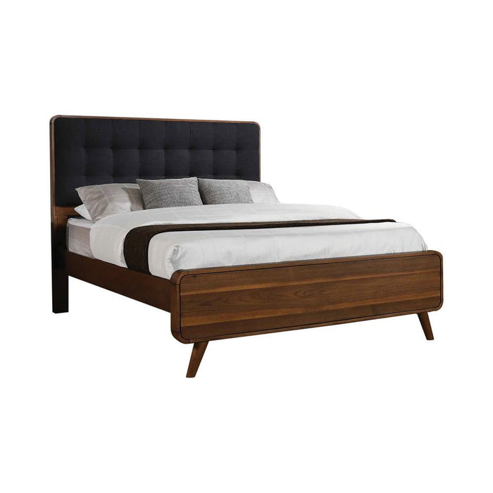 Robyn California King, E.King, & Queen Bed with Upholstered Headboard Dark Walnut