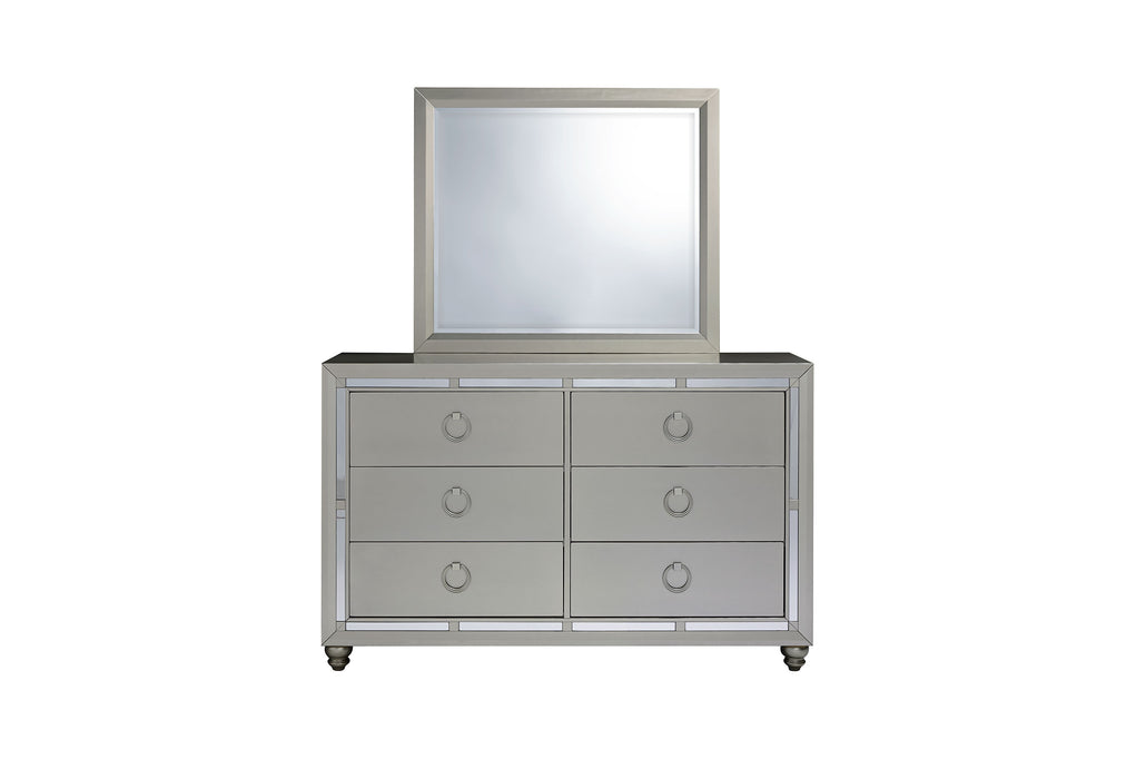 RILEY SILVER FULL BED, DRESSER, MIRROR AND NIGHSTAND